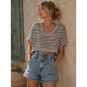 Express Womens Super High Rise Paperbag Acid Wash Denim Shorts Light Blue 0/R